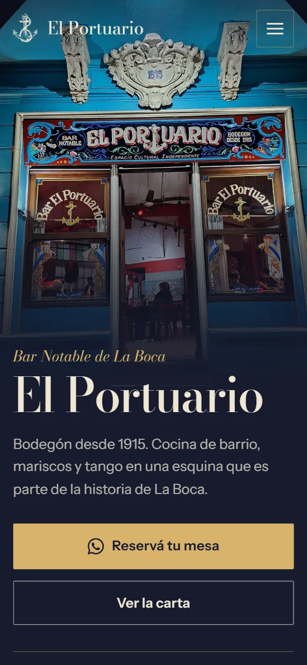 Página del Bar El Portuario en celular